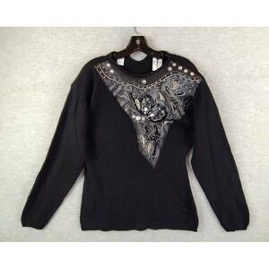 Vintage Womens Sweater Large Black Angora‎ Silk Lambswool Retro Glam VTG WIP